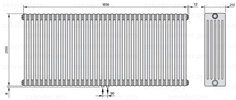 Схема (чертеж) Радиатор Zehnder Charleston 6200/36 №3470 Белый глянцевый RAL 9016